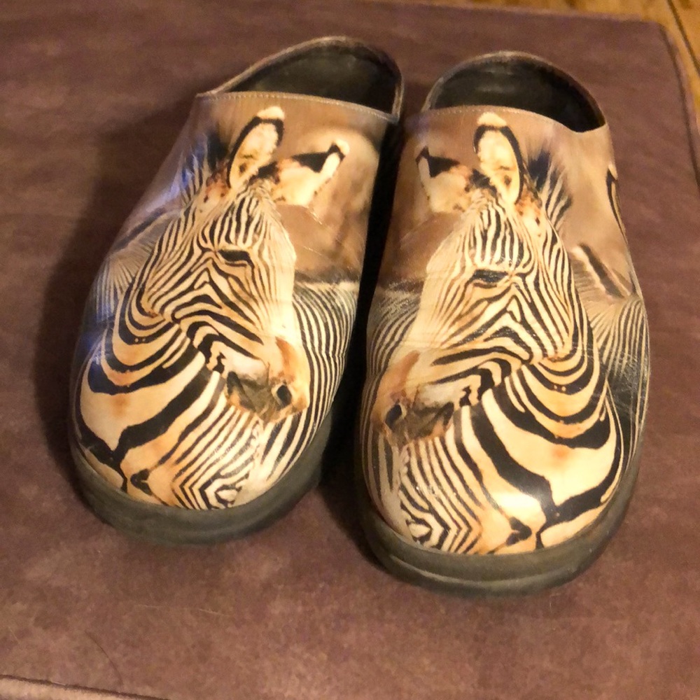 ICON leather clogs, size 9 zebra design.